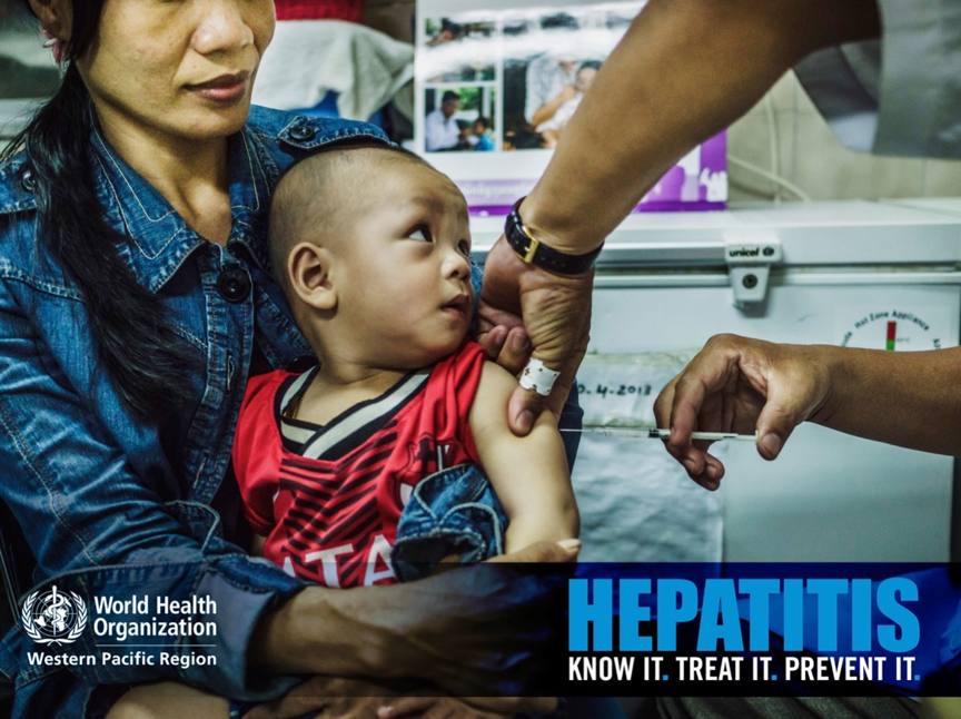 World Health Organization Western Pacific Region hepatitis campaign. A child being vaccinated while held by their mother. Hepatitis — Know it. Treat it. Prevent it.